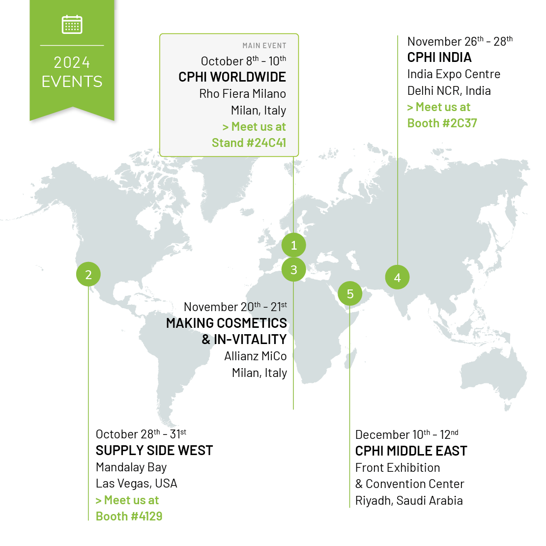 A map with all the continents with various marked locations that provide information regarding conference dates for quarter one and two of 2024 to meet the Linnea team.