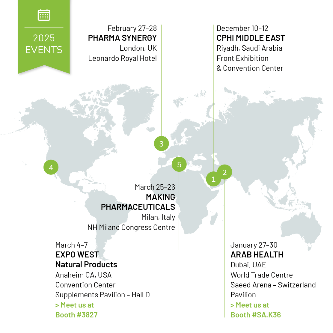 A map with all the continents with various marked locations that provide information regarding conference dates for quarter one and two of 2024 to meet the Linnea team.