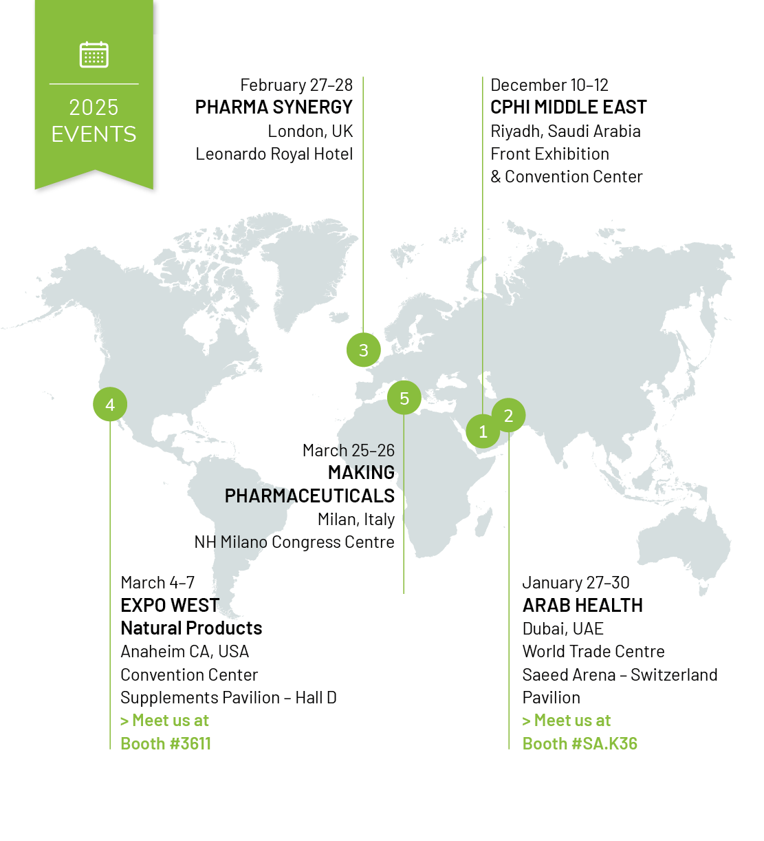 A map with all the continents with various marked locations that provide information regarding conference dates for quarter one and two of 2024 to meet the Linnea team.